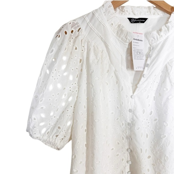 Pretty Garden Eyelet Short Lantern Puffy Sleeve  Blouse White Size Medium - Picture 3 of 7